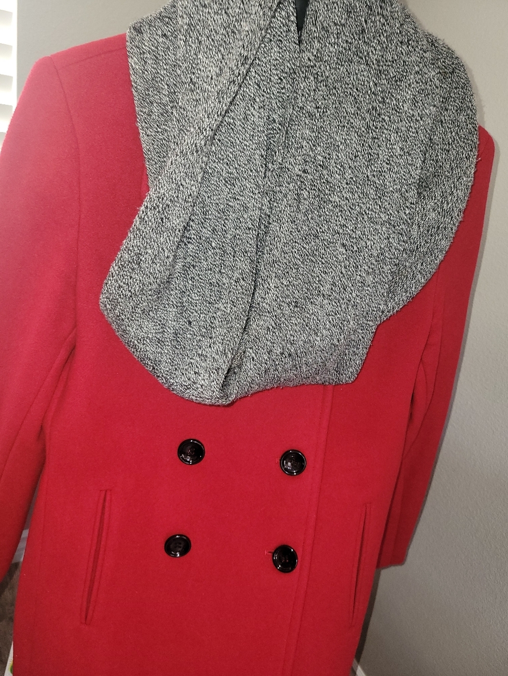 Calvin Klein Red Double Breasted Peacoat & CK Gray Infinity Scarf
